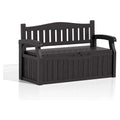 Heavy duty brown plastic outdoor garden bench and patio deck storage box by HomePacific, sturdy and weather-resistant garden furniture.