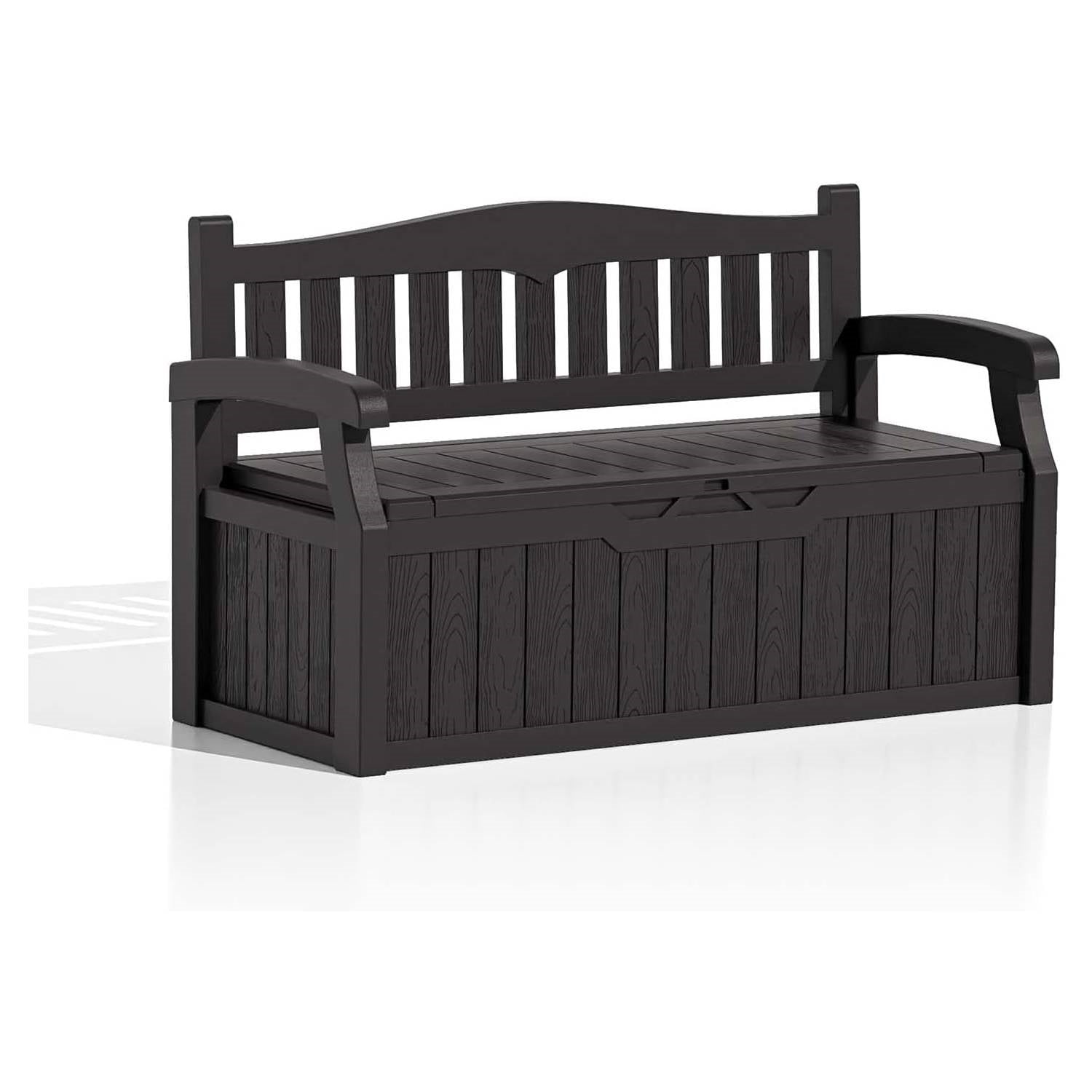 Heavy duty brown plastic outdoor garden bench and patio deck storage box by HomePacific, sturdy and weather-resistant garden furniture.