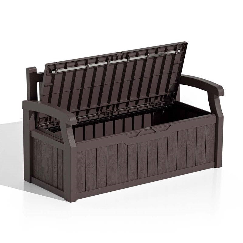 Heavy duty brown plastic outdoor garden bench with storage, durable patio deck box from HomePacific, suitable for outdoor use.