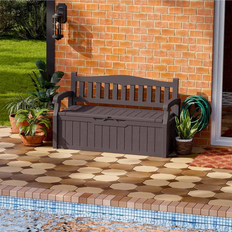 Heavy duty brown plastic outdoor garden bench and deck box by HomePacific, weather-resistant for patio storage and seating.