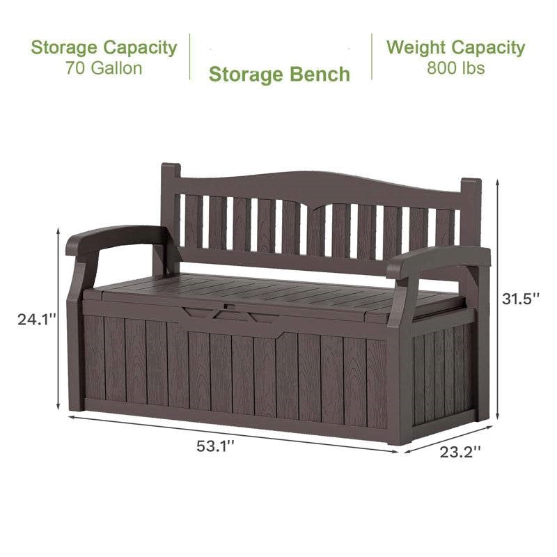 Heavy duty brown plastic outdoor garden bench from HomePacific, durable patio deck box for outdoor storage and seating.