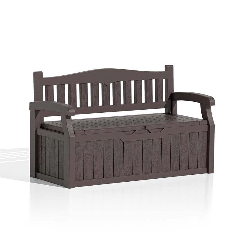 Heavy duty brown plastic outdoor garden bench with storage, ideal for patio or deck seating by HomePacific.