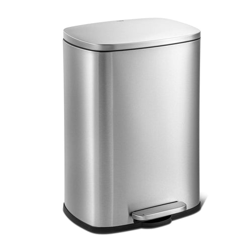 HomePacific 13-gallon brushed stainless steel kitchen trash can with step-open lid, modern design and durable construction.
