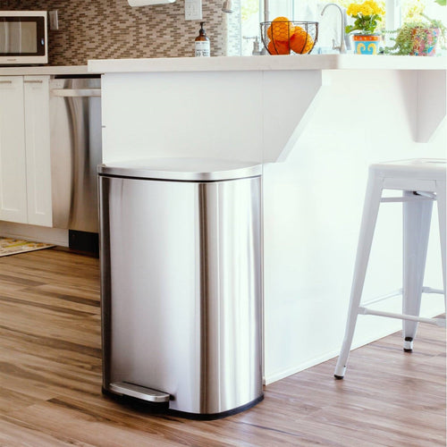 Brushed stainless steel 13-gallon kitchen trash can with step-open lid by HomePacific, featuring a sleek, modern design.