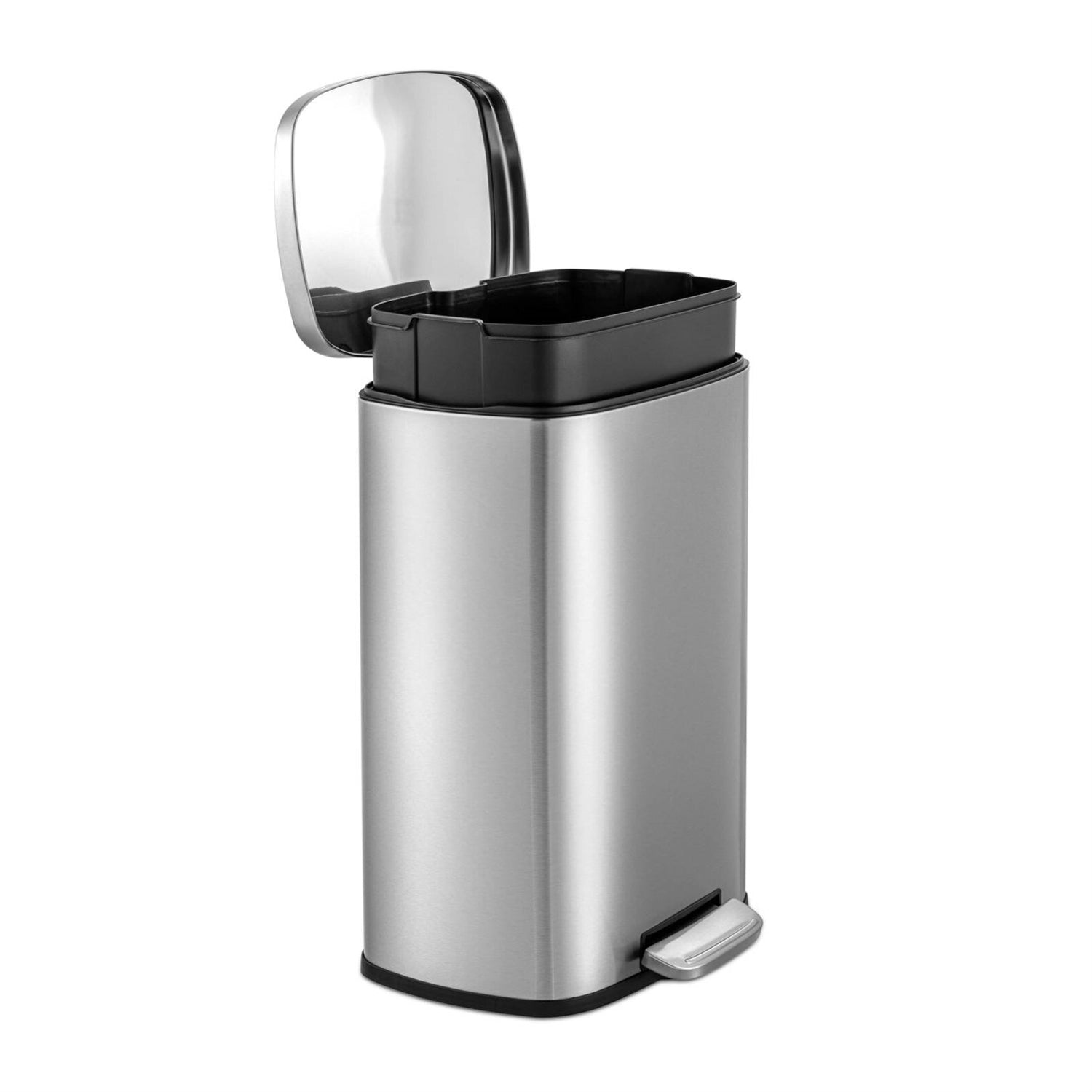 HomePacific 13-gallon brushed stainless steel kitchen trash can with step-open lid, modern and durable waste bin for kitchen use.