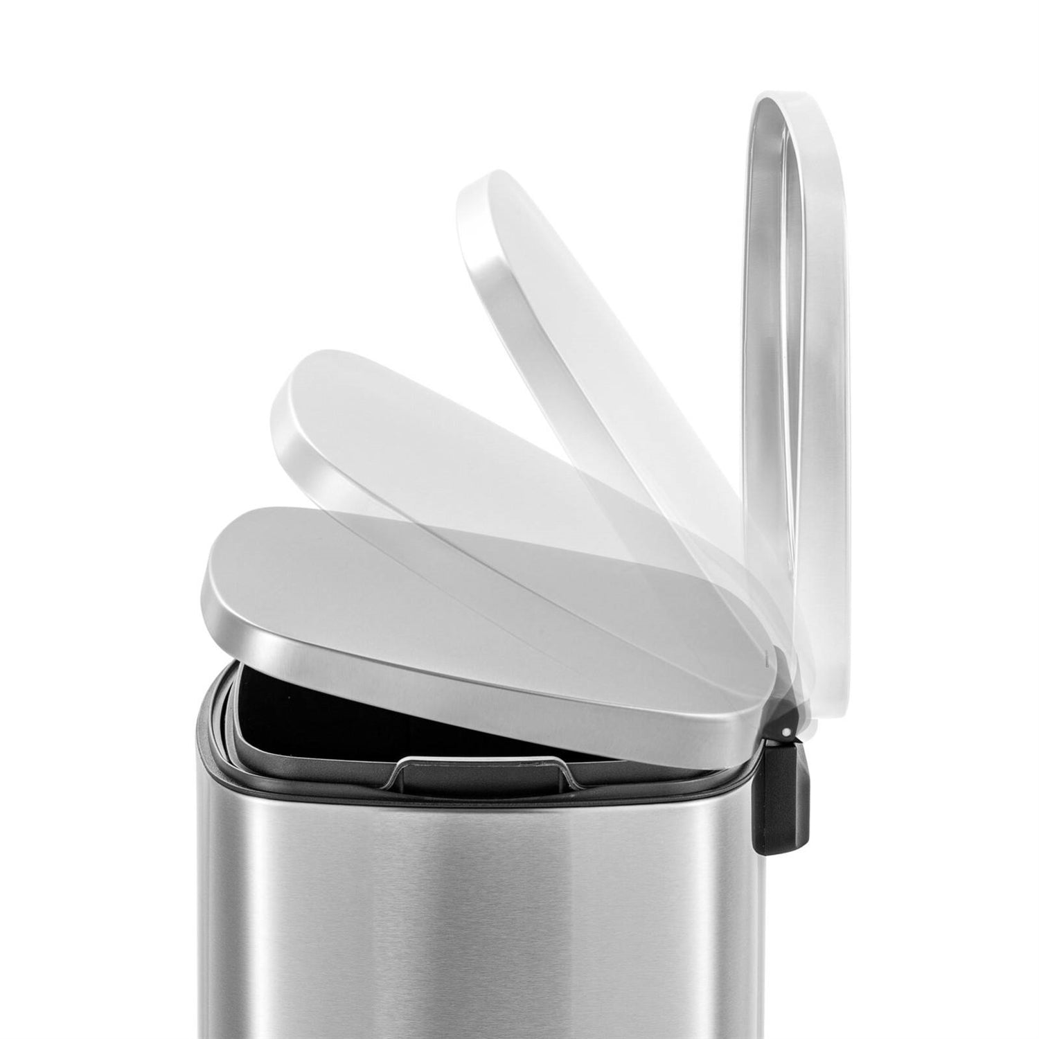 HomePacific 13-gallon brushed stainless steel kitchen trash can with step-open lid and modern design.
