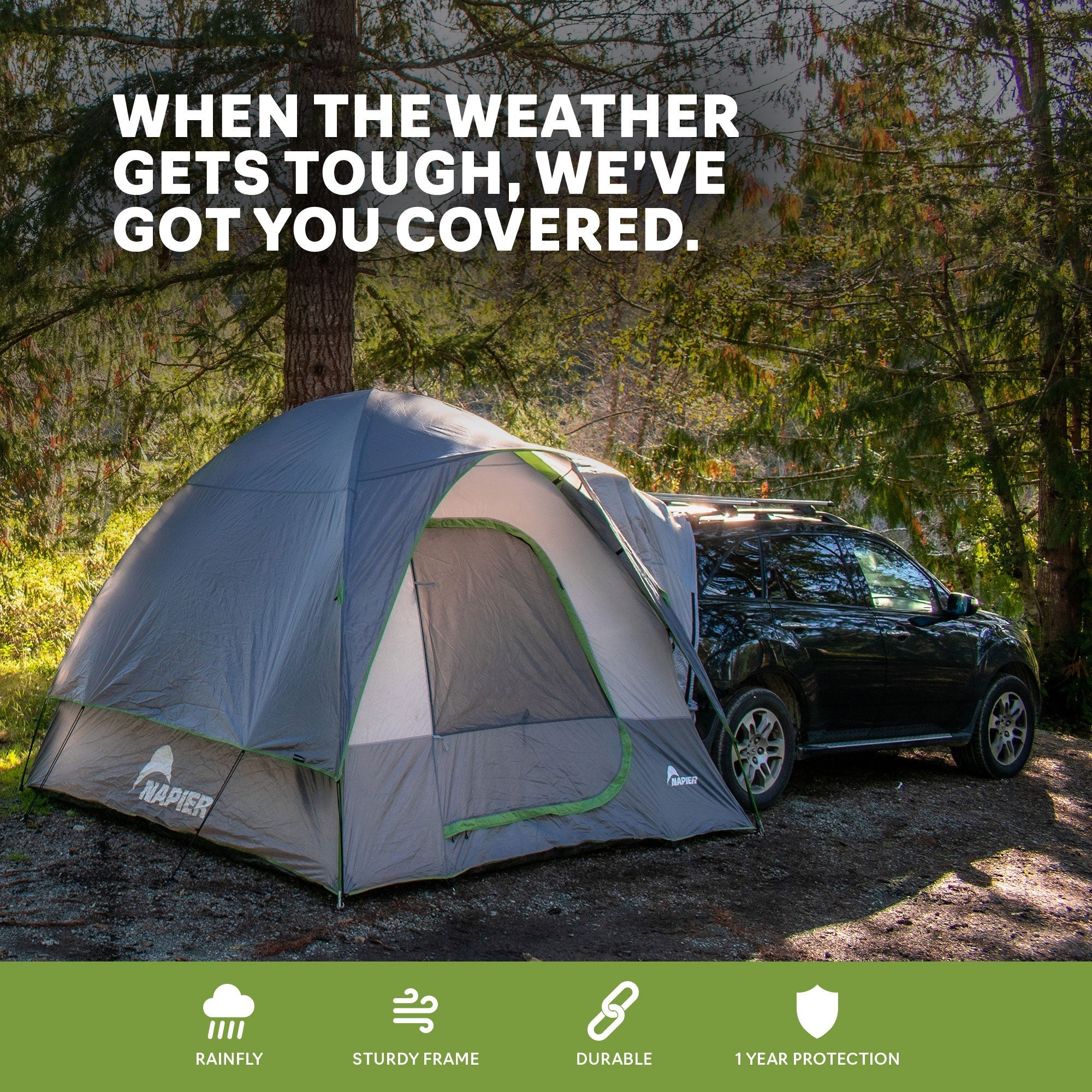 Backroadz SUV Tent by Backcountry Sportsman set up on an SUV, showcasing spacious design and easy attachment for outdoor camping.