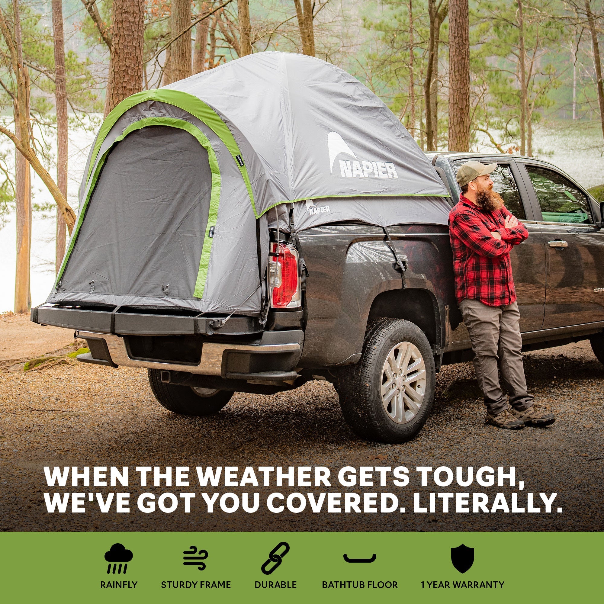 Backcountry Sportsman truck tent set up on a pickup truck in a scenic outdoor setting.