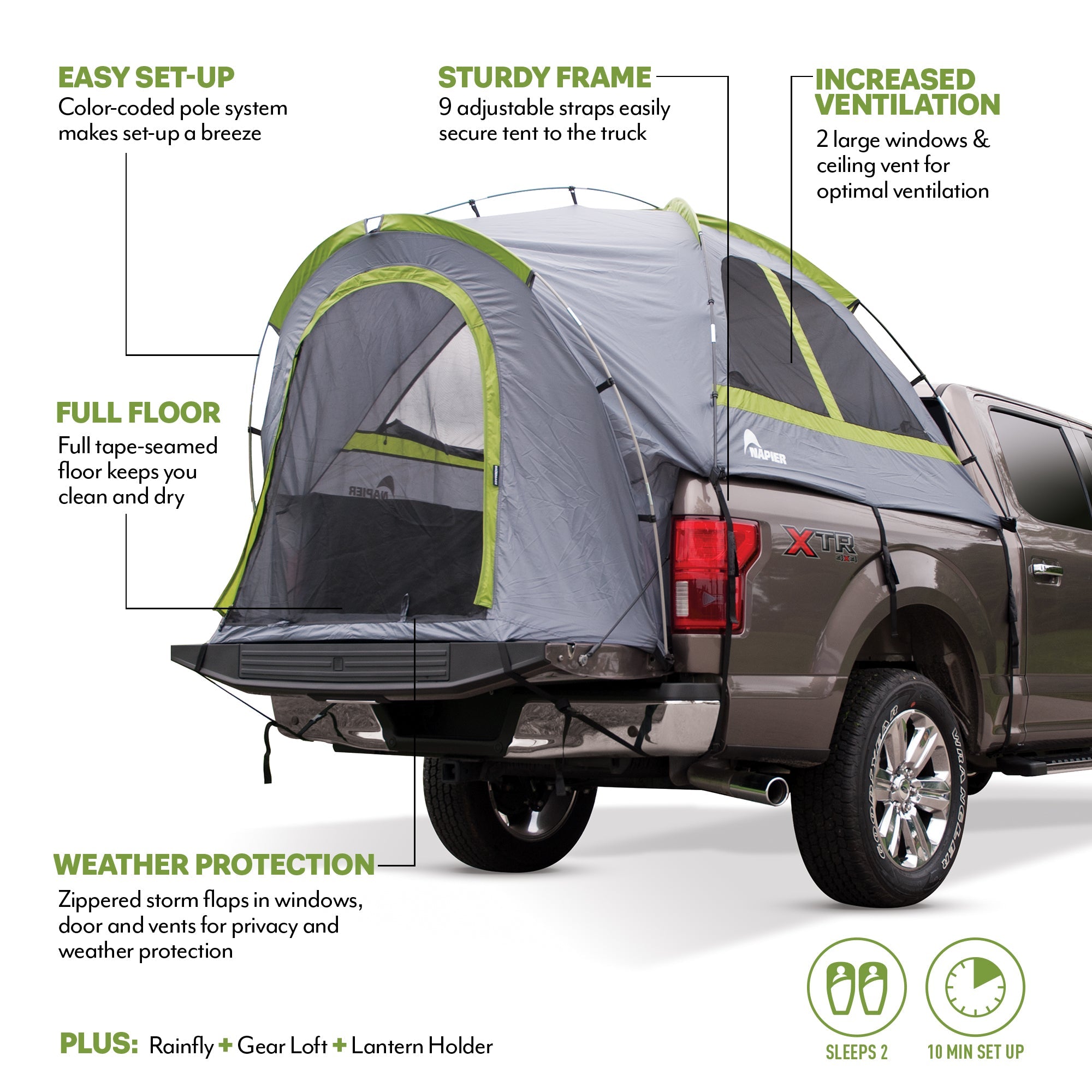 Backcountry Sportsman truck tent set up on a pickup truck in an outdoor camping setting.