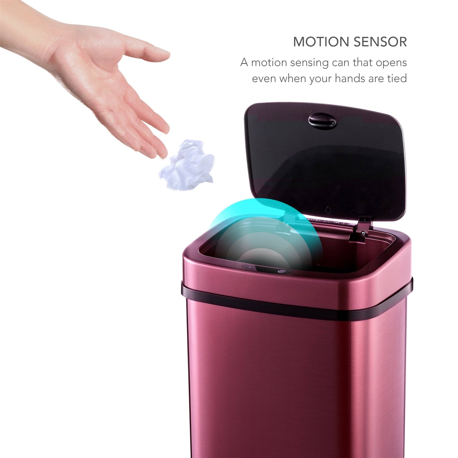 HomePacific 3-gallon motion sensor stainless steel trash can in burgundy copper with touchless operation and sleek kitchen design.