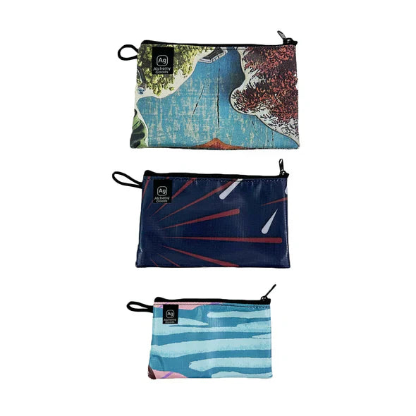 ZEITBIKE Alchemy Goods zipper pouch with liner, displayed on banner, showcasing durable upcycled bag for organization and storage.