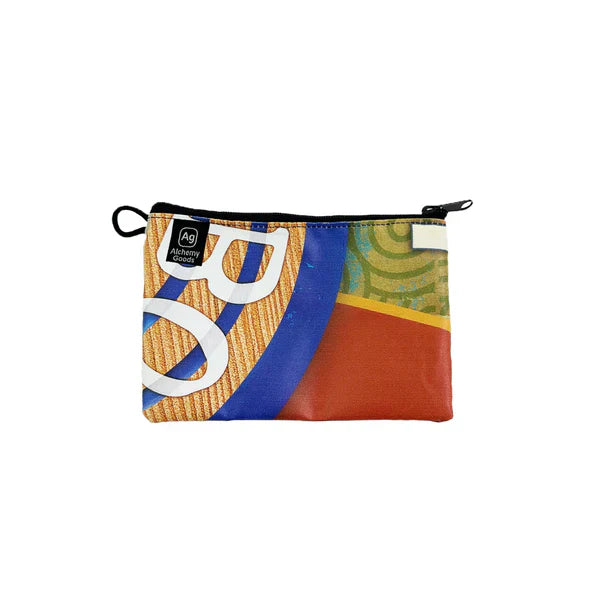 ZEITBIKE Alchemy Goods zipper pouch with liner, upcycled bag featuring a sleek design and durable material, displayed on a banner.