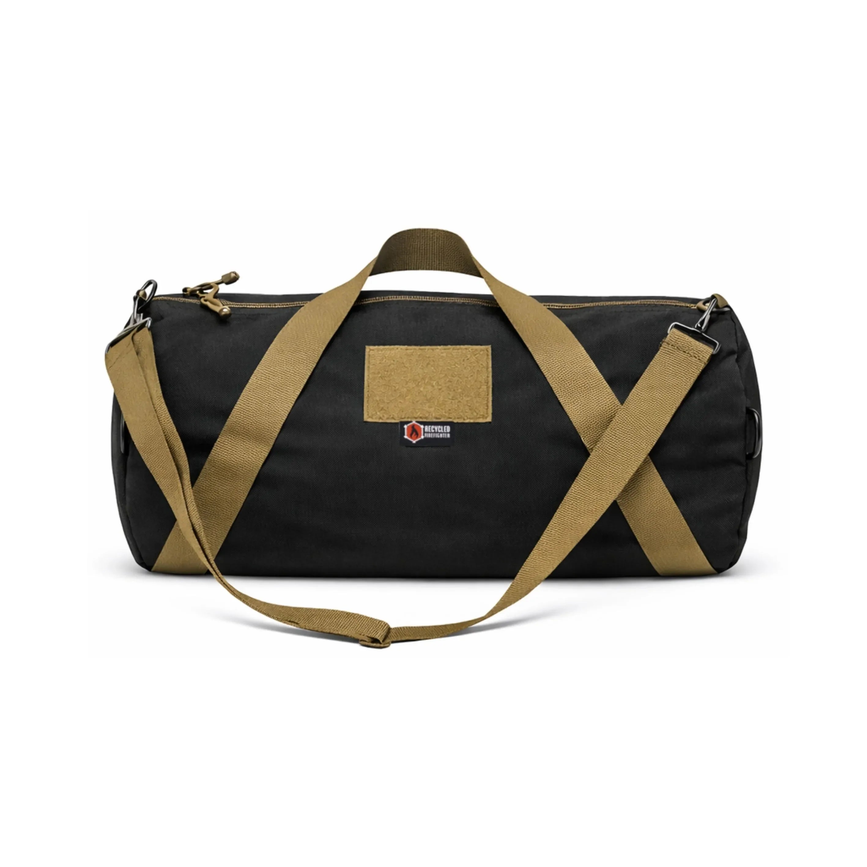 Black and coyote Barrel Duffle Bag 1000D by Recycled Firefighter, featuring durable fabric and spacious design.
