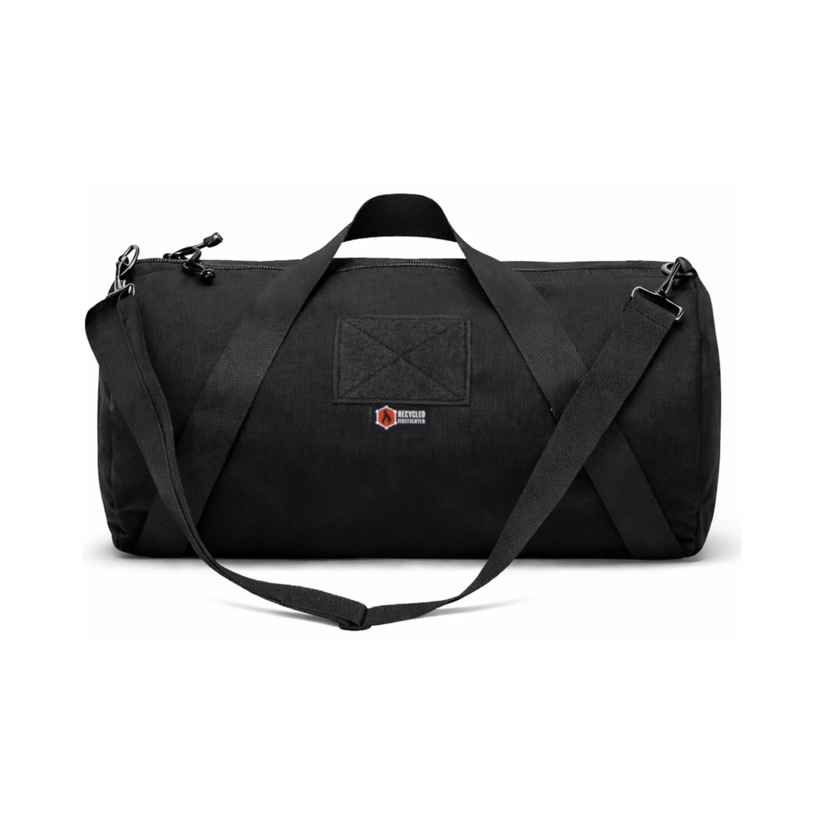 Black Barrel Duffle Bag 1000D by Recycled Firefighter, showcasing durable fabric and spacious design for travel or gym use.