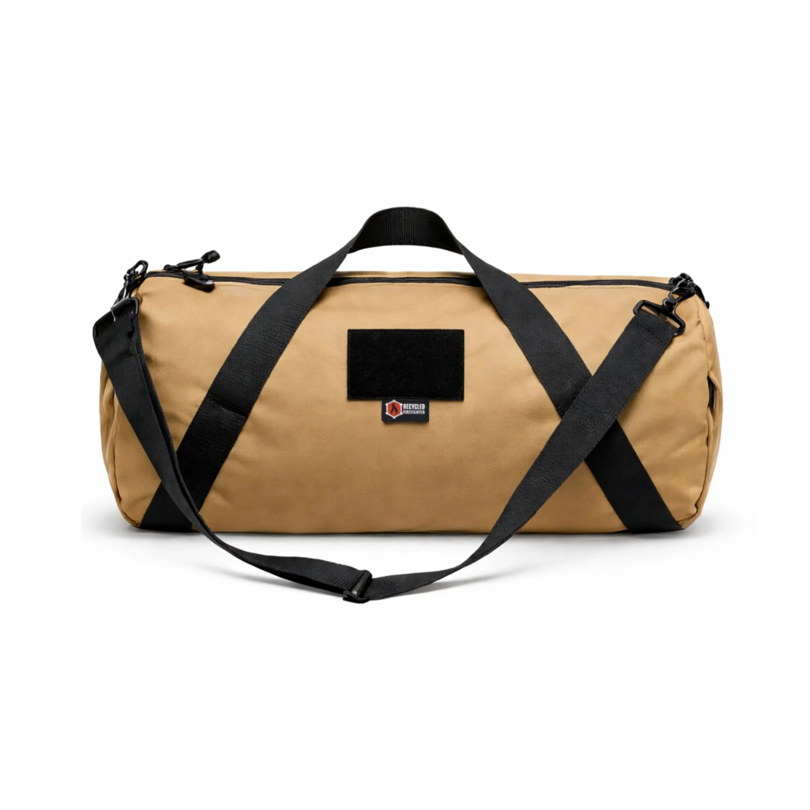 Coyote and black Recycled Firefighter Barrel Duffle Bag 1000D with durable fabric and spacious interior.