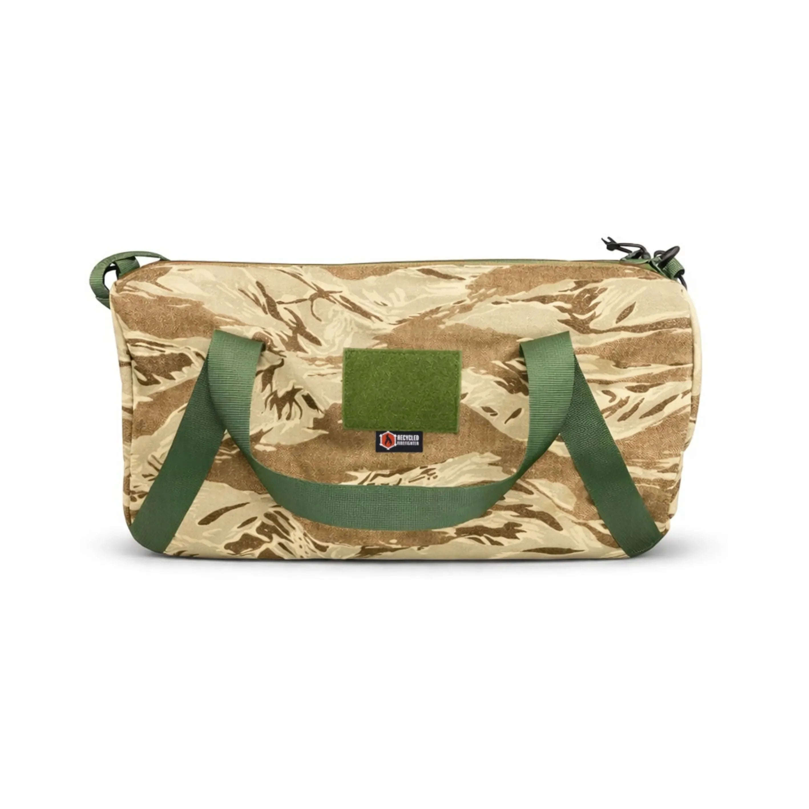 Recycled Firefighter Barrel Duffle Bag 1000D in desert tiger stripe with black accents, showcasing durable fabric and design.