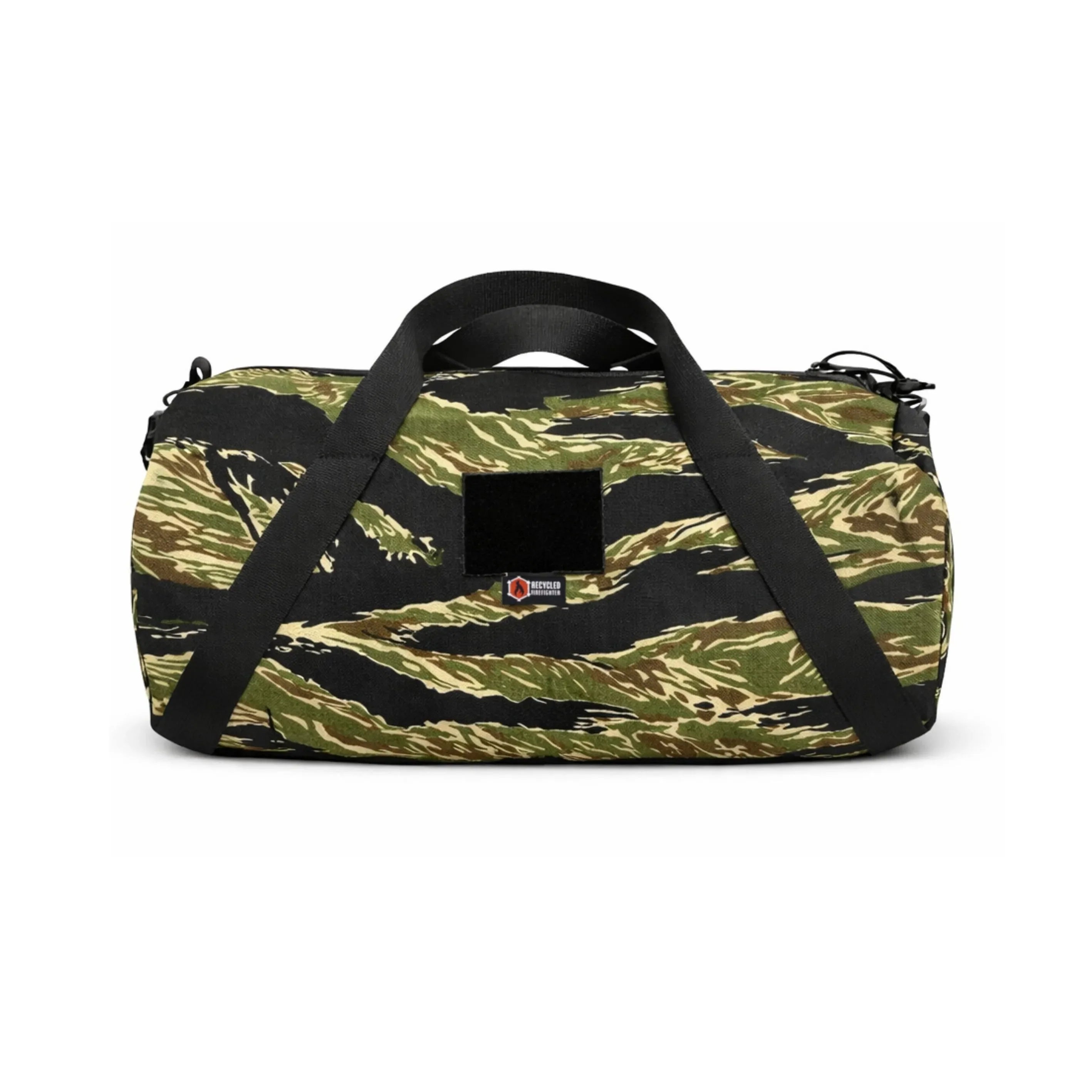 Recycled Firefighter Barrel Duffle Bag 1000D in jungle tiger stripe and black, showcasing durable fabric and spacious design.