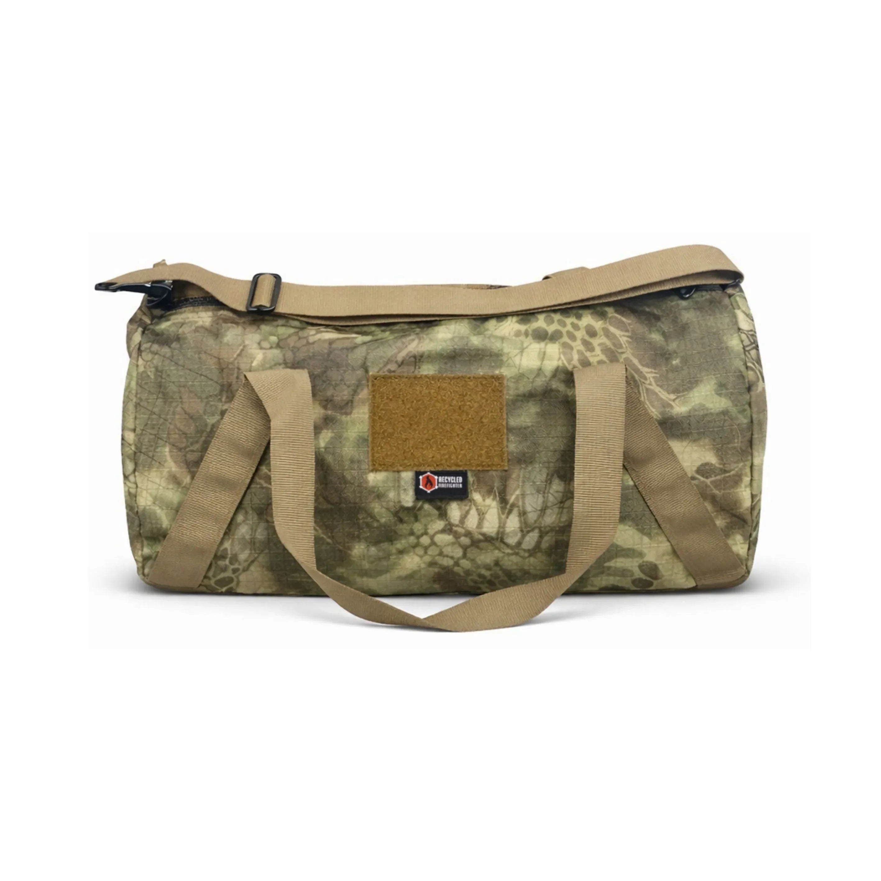 Recycled Firefighter Barrel Duffle Bag 1000D in mandrake and coyote colors, showcasing durable fabric and spacious design.