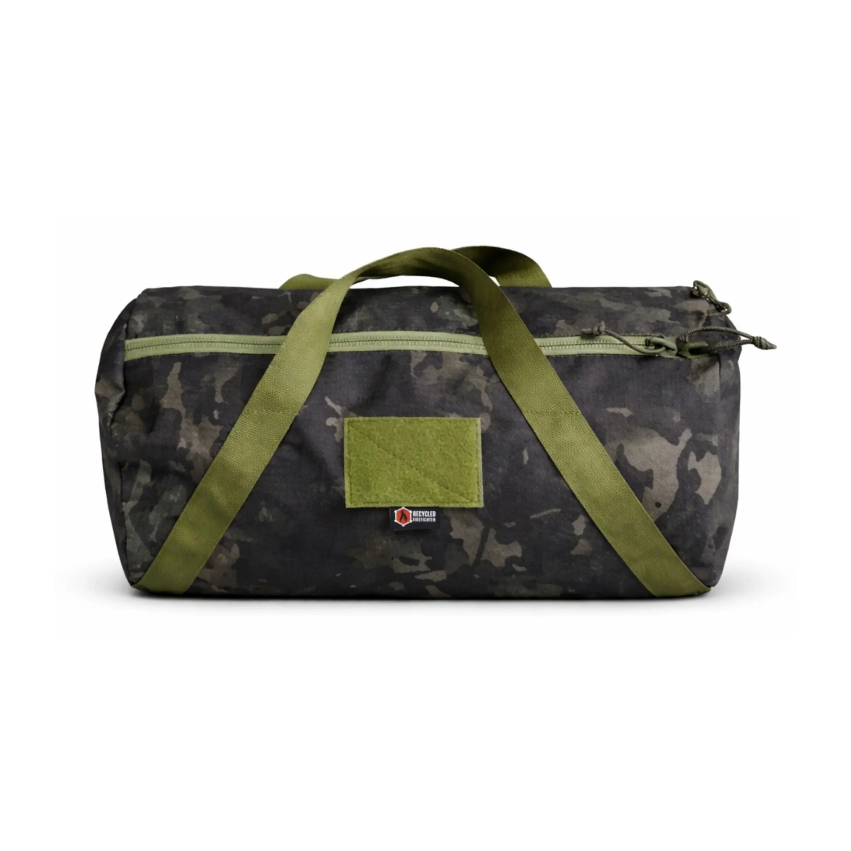 Recycled Firefighter Barrel Duffle Bag 1000D in black and olive drab, showcasing durable fabric and spacious design.