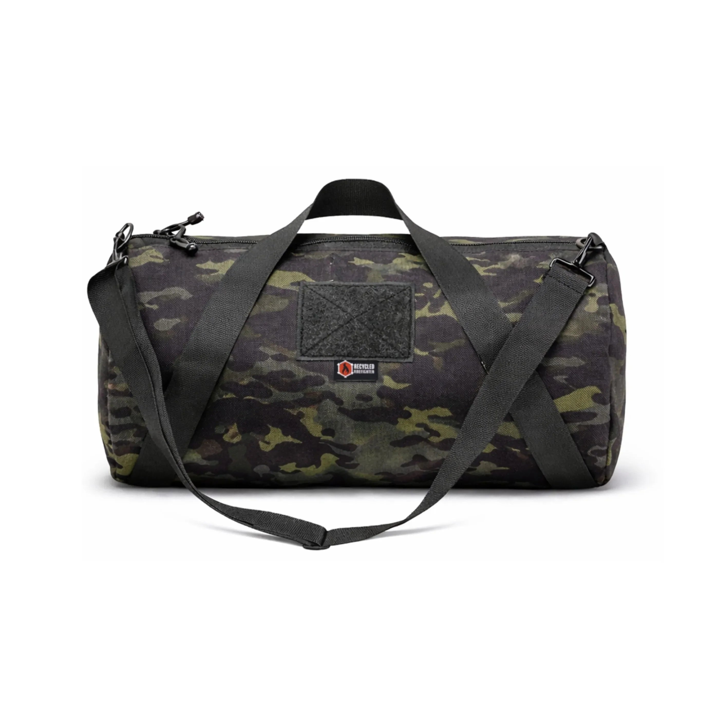 Recycled Firefighter Barrel Duffle Bag 1000D in camouflage black, featuring durable fabric and spacious design.