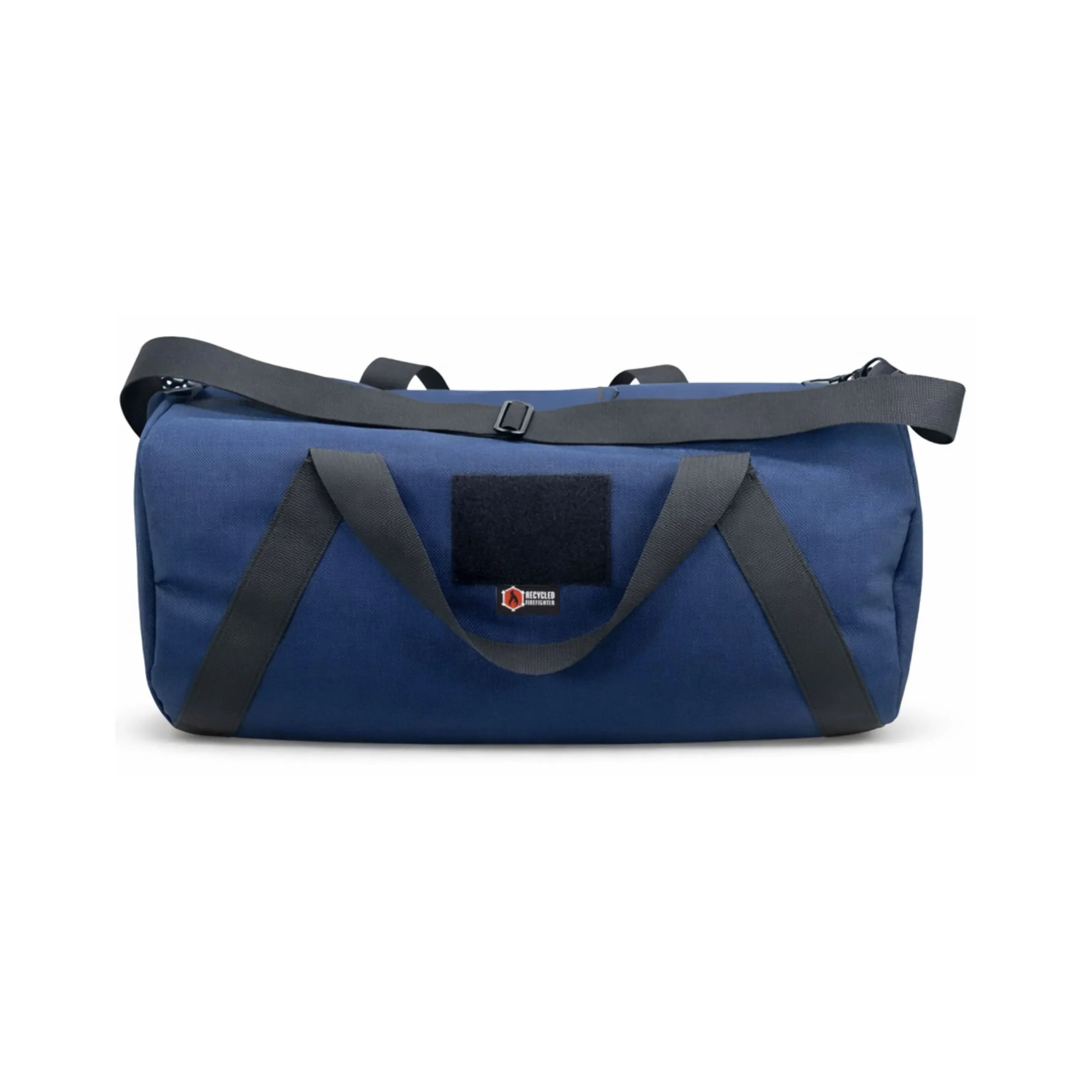 Navy and black 1000D barrel duffle bag by Recycled Firefighter with sturdy handles and spacious interior.