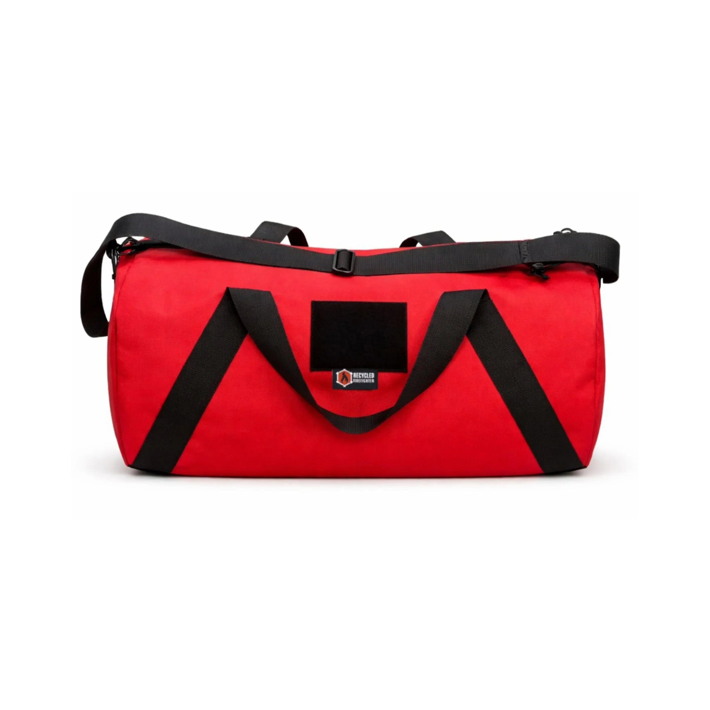 Red and black Barrel Duffle Bag 1000D by Recycled Firefighter, showcasing rugged fabric and spacious design for travel.