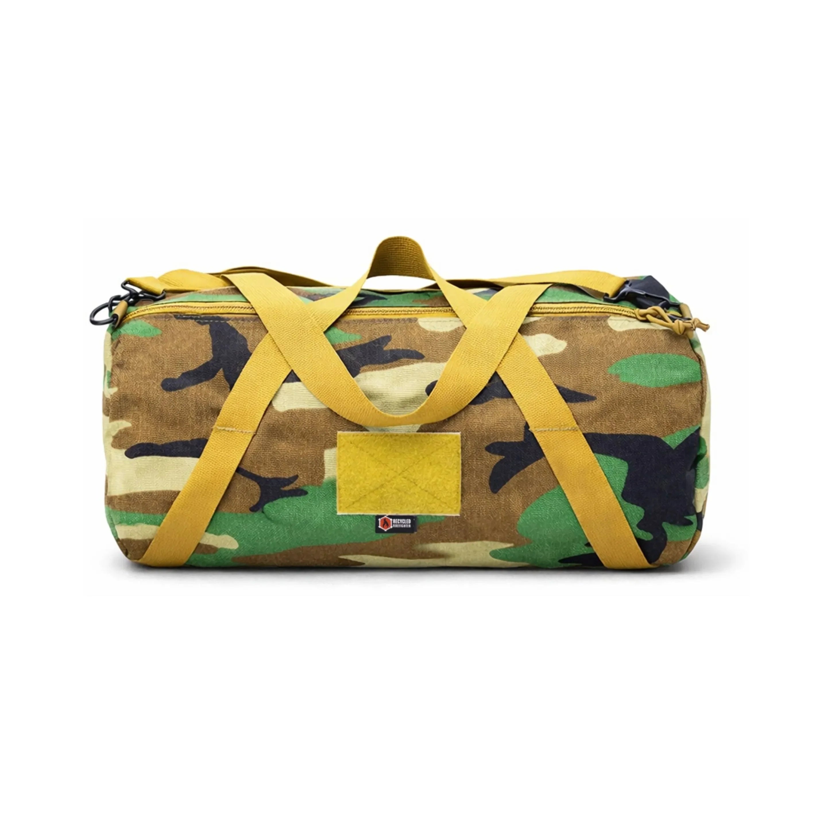 Woodland green Barrel Duffle Bag 1000D by Recycled Firefighter with sturdy handles and spacious interior for travel.