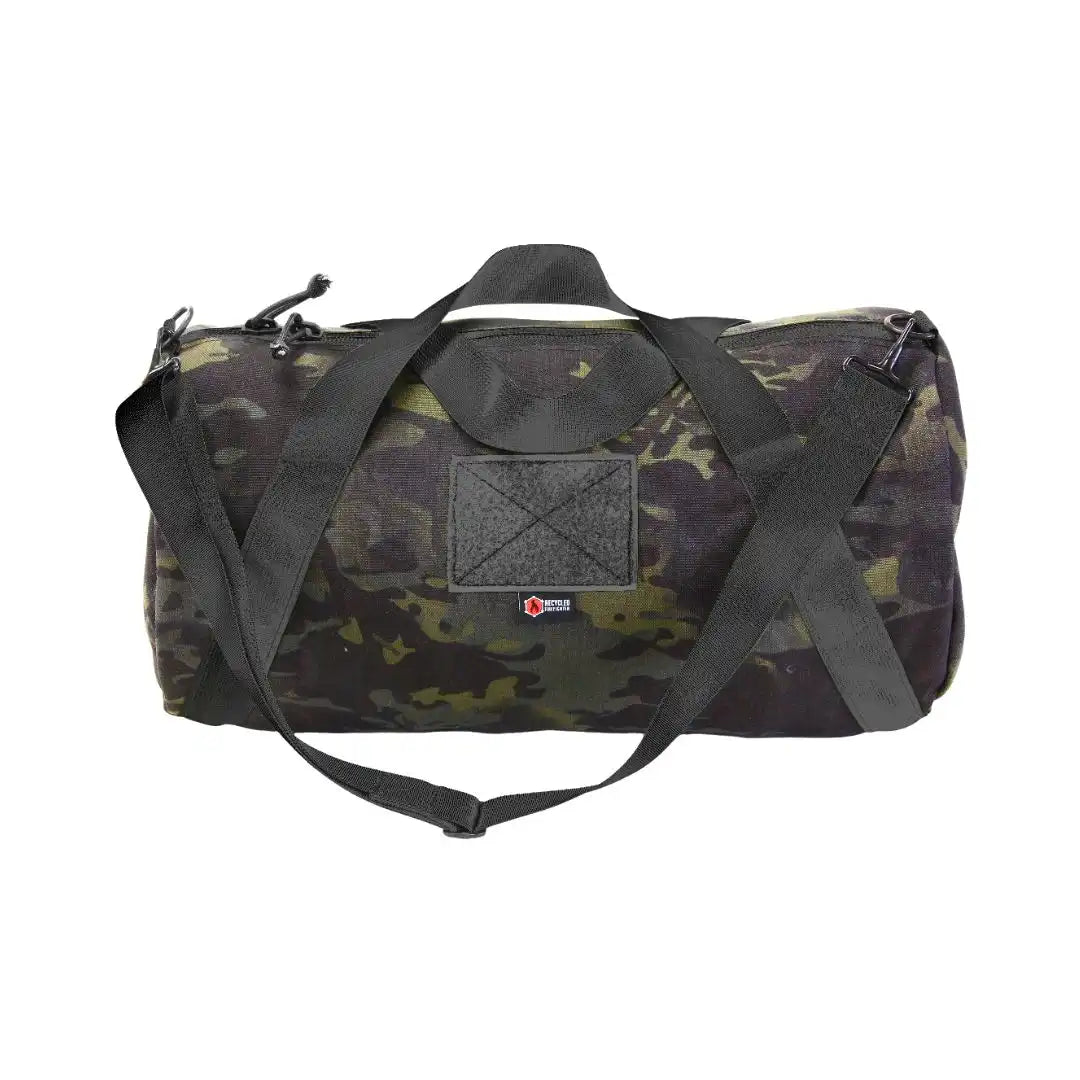 Recycled Firefighter Barrel Duffle Bag 500D backpack in camo black with sturdy straps and durable fabric for outdoor use