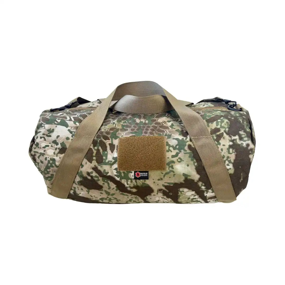 Recycled Firefighter Barrel Duffle Bag 500D backpack with durable fabric, black color, and sturdy carry straps, designed for travel and storage.