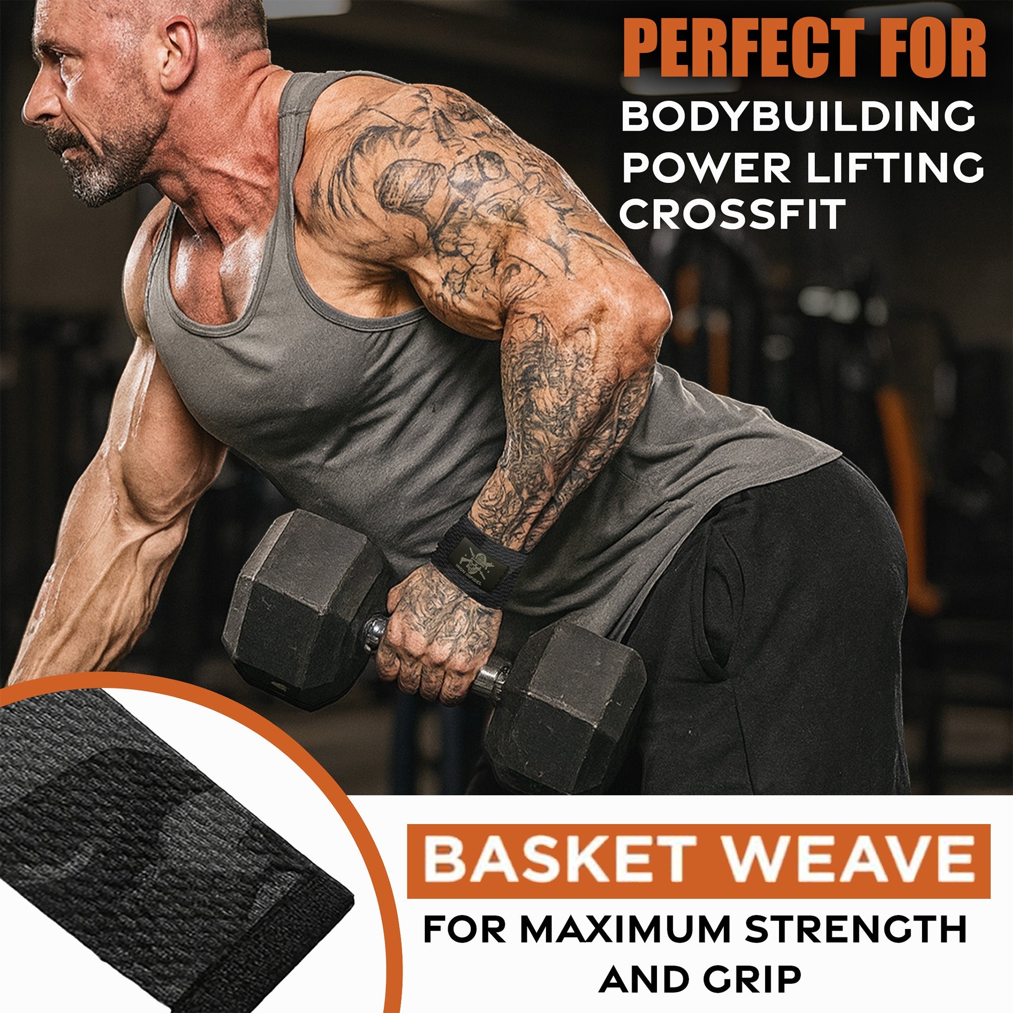 Iron Infidel lifting straps with basket weave design, durable nylon material for improved grip during weightlifting and strength training.