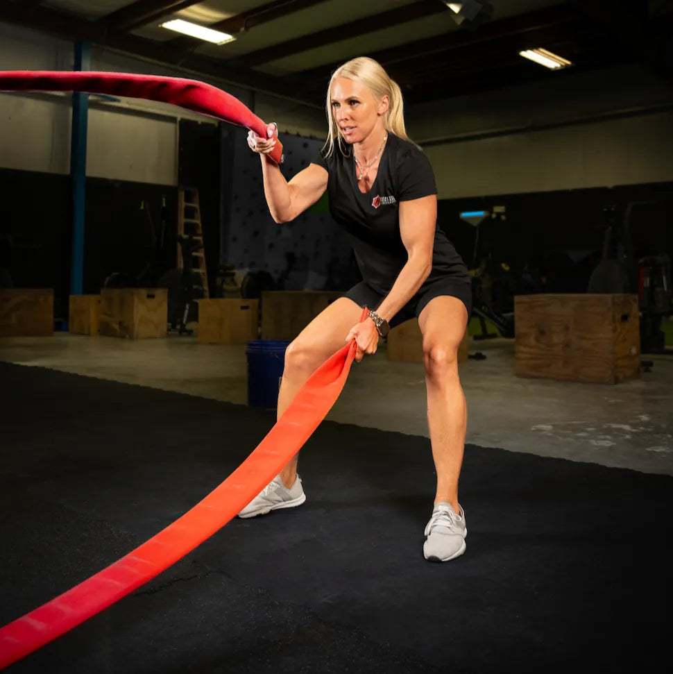 Recycled Firefighter 50FT Cadet Cord battle rope for fitness, shown coiled and ready for workout use. Durable exercise equipment.