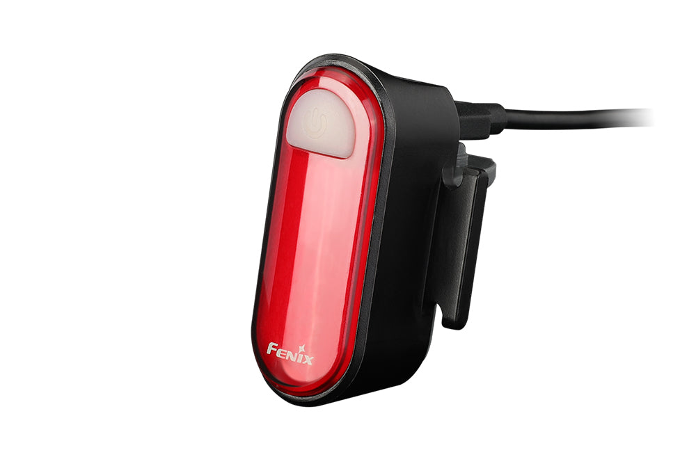 Fenix BC05R V2.0 rechargeable bike tail light with bright red LED, mounted on a bicycle for safety during night rides.