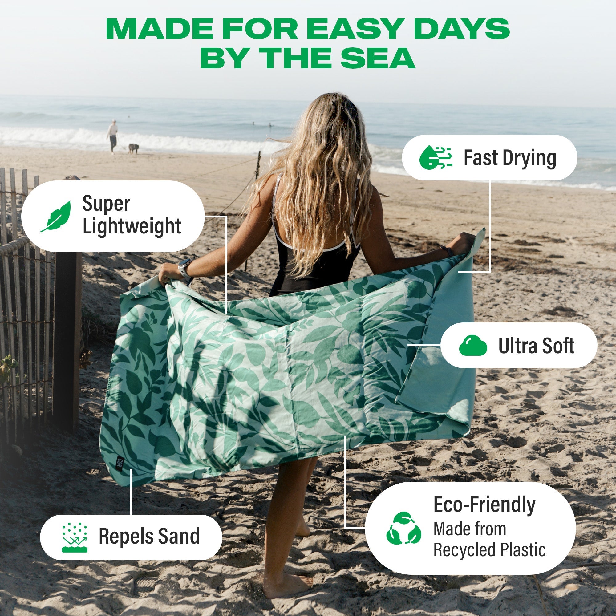 COR Surf travel bundle gift box with colorful beach towel featuring infographic design, perfect for beach and vacation accessories.