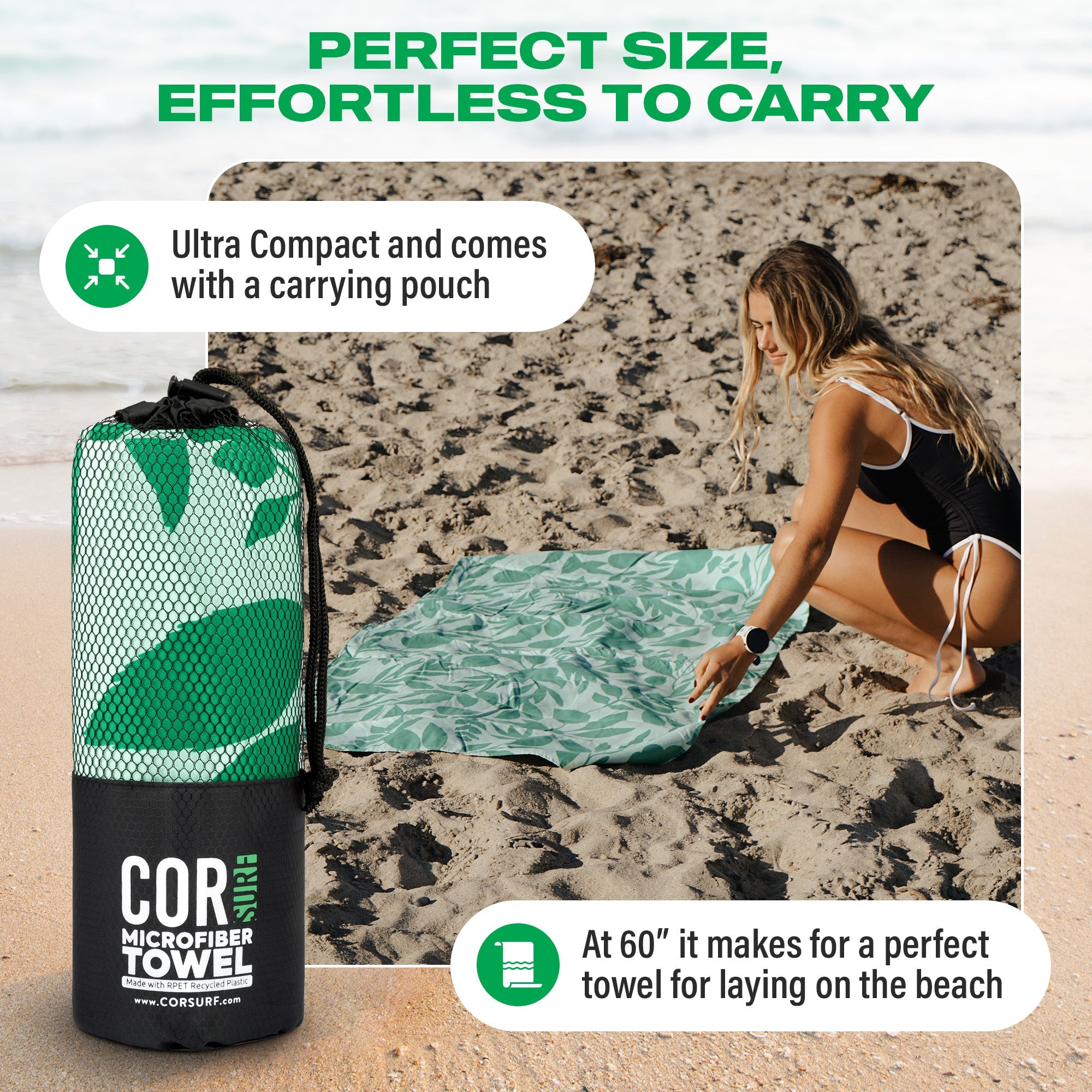 Infographic of COR Surf travel bundle gift box featuring a beach towel, perfect for beach trips and travel accessories.