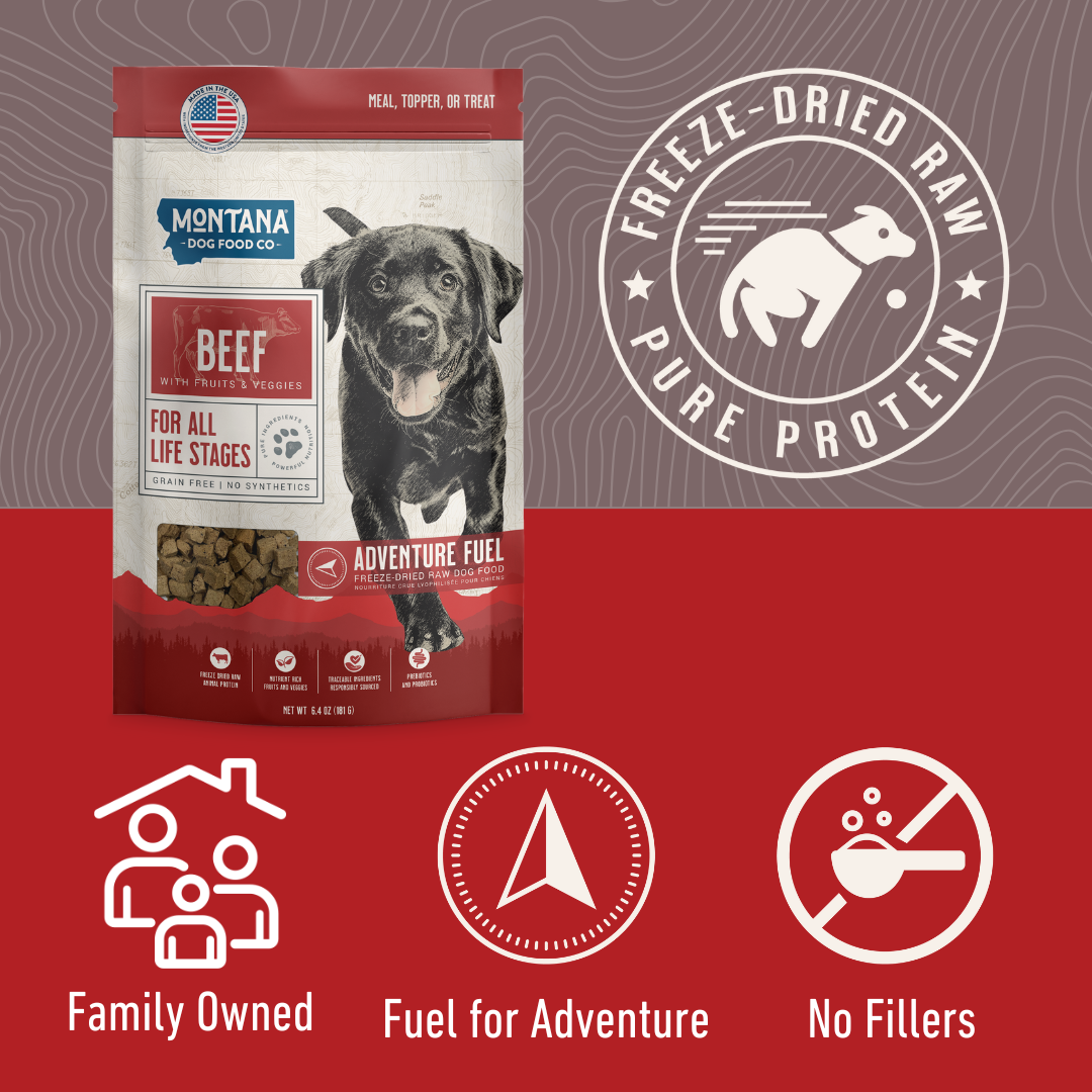 Beef grain-free freeze-dried raw dog food by Montana Dog Food Co, featuring beef recipe meal and topper for pets.