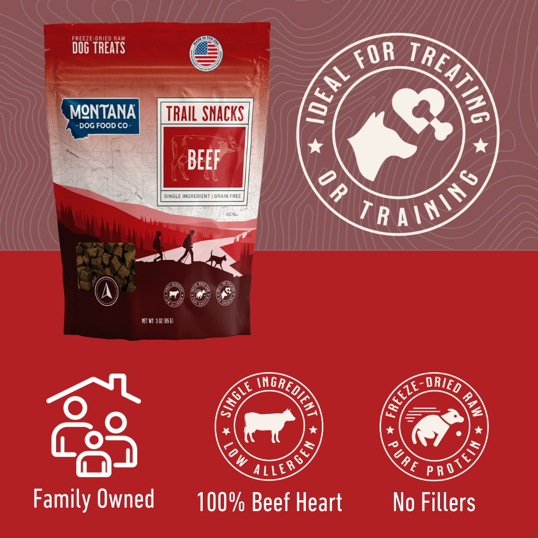 Freeze-dried beef heart dog treats in a 3oz package by Montana Dog Food Co, showing the raw, natural treats suitable for dogs.