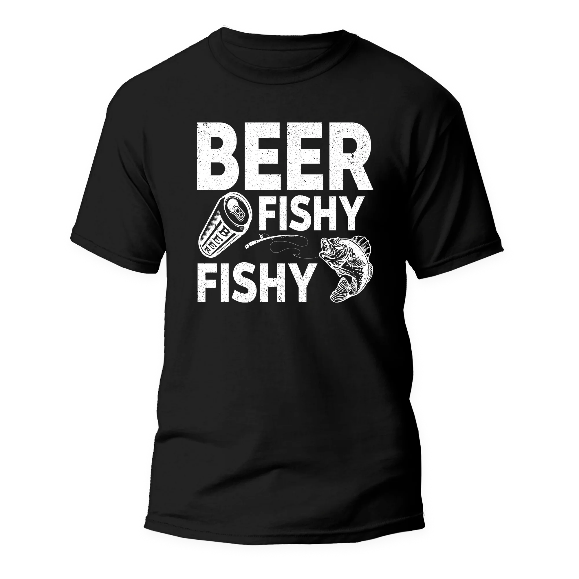 Black Beer Fishy Fishy Man T-Shirt by Outdoorzees featuring a fun fish and beer graphic on a casual men's tee.