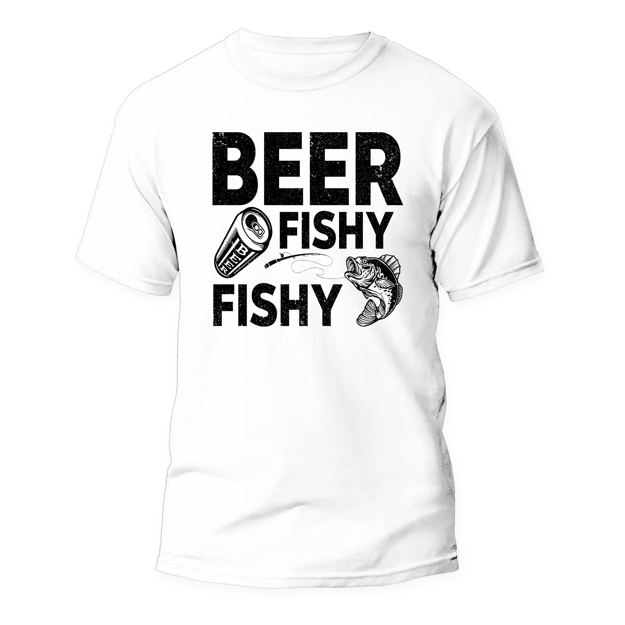 White Beer Fishy Fishy Man T-Shirt by Outdoorzees featuring a fun fish and beer graphic on the front.