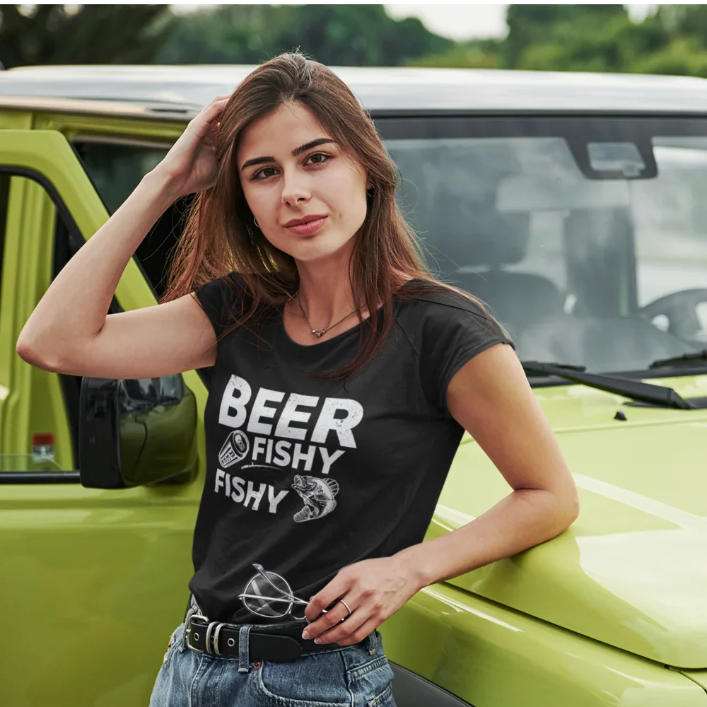 Black Beer Fishy Fishy T-Shirt for Women by Outdoorzees, featuring a fun fish and beer graphic on the front.