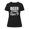 Black Women's Beer Fishy Fishy T-Shirt by Outdoorzees featuring a playful fish and beer graphic design.