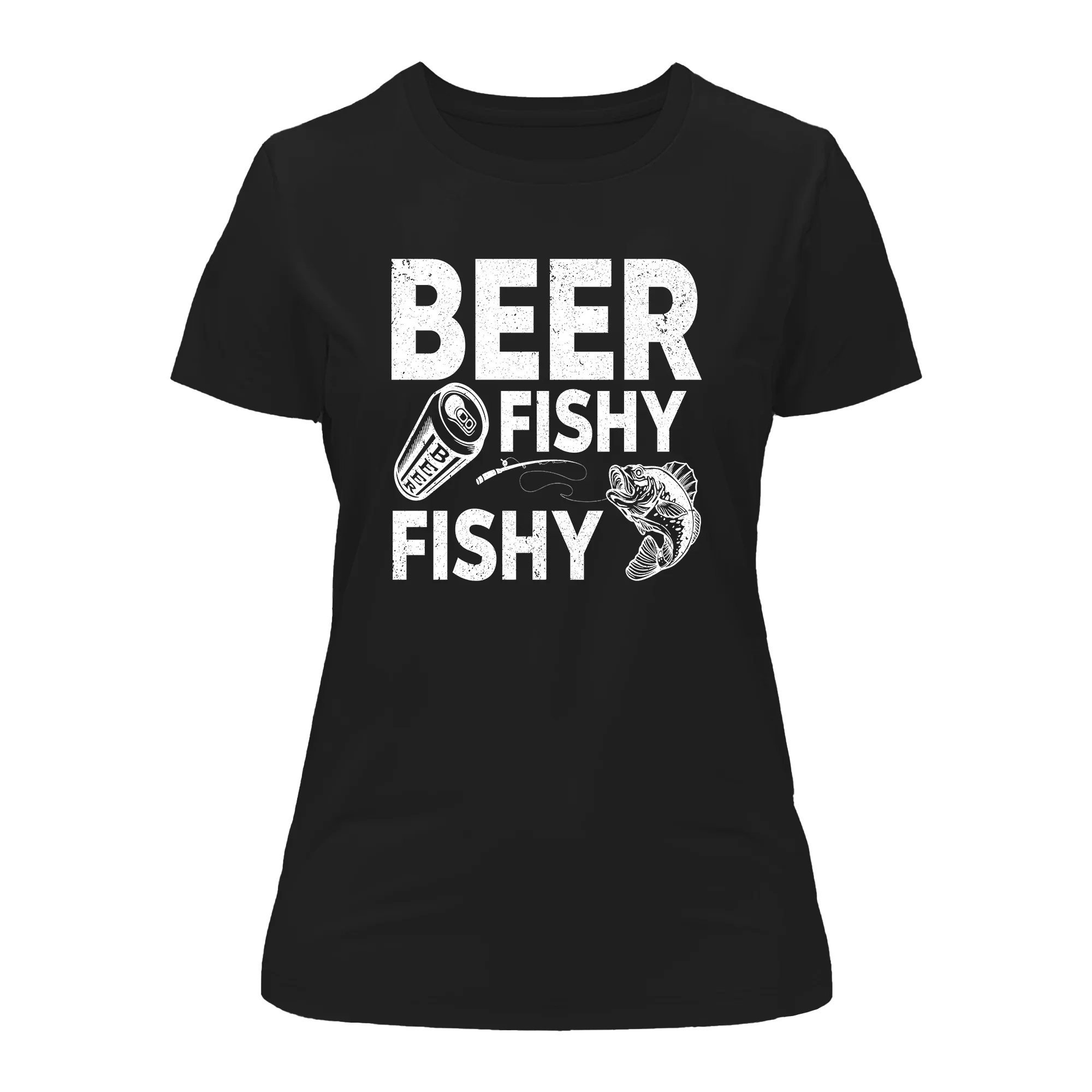 Black Women's Beer Fishy Fishy T-Shirt by Outdoorzees featuring a playful fish and beer graphic design.