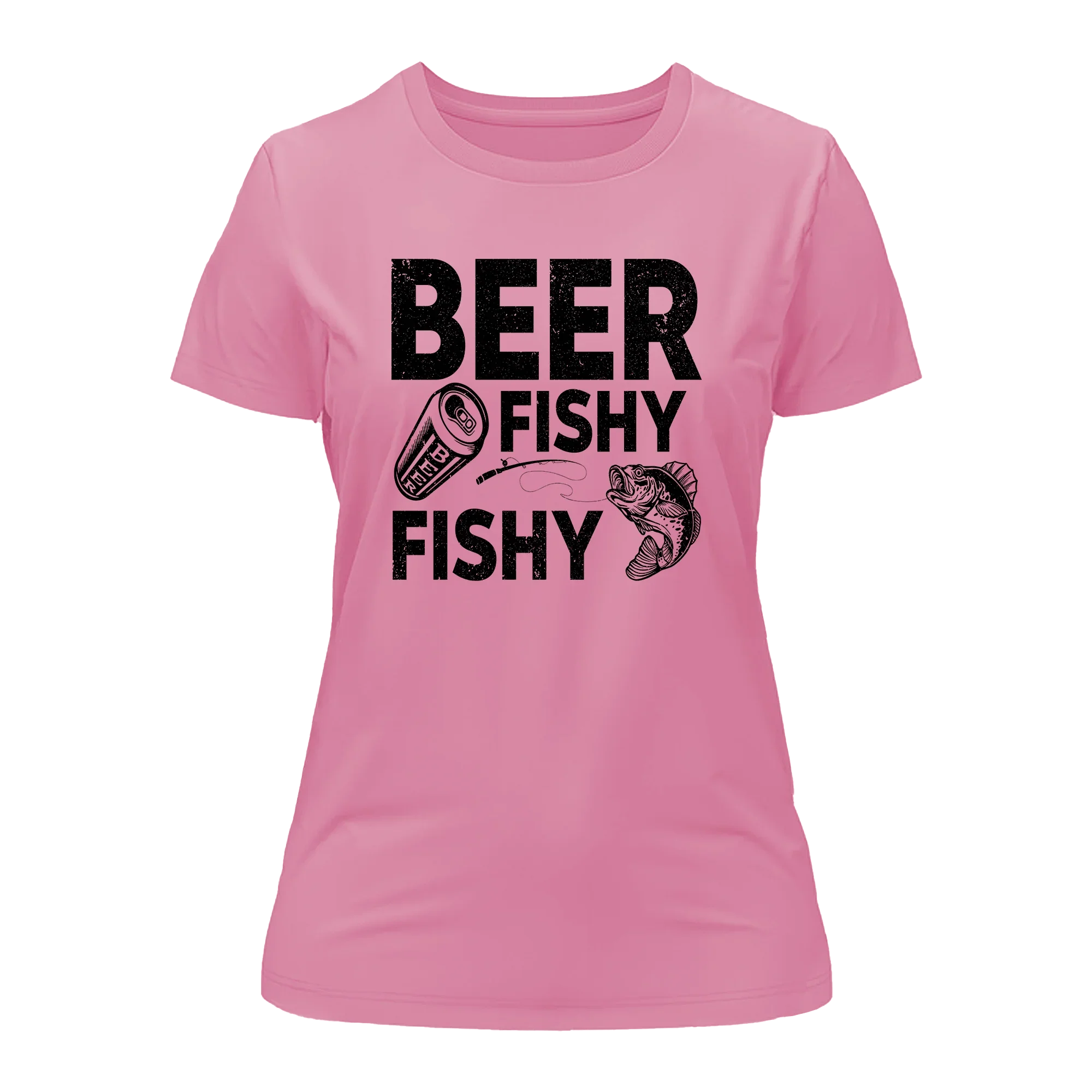 Pink Beer Fishy Fishy T-Shirt for Women by Outdoorzees, featuring a fun fish and beer graphic on a casual women’s tee.
