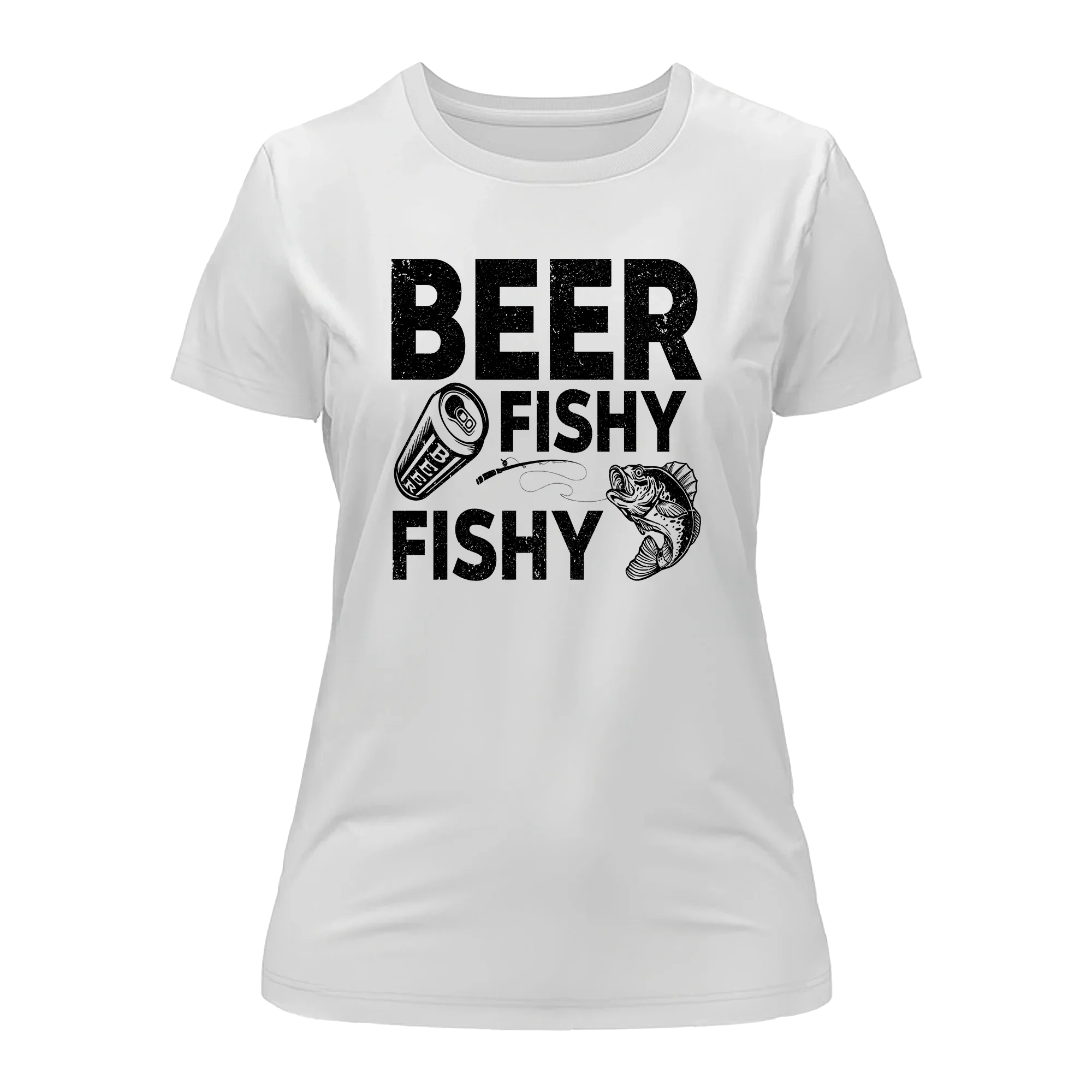 White Beer Fishy Fishy T-Shirt for Women by Outdoorzees featuring a playful fish and beer design on soft cotton fabric.