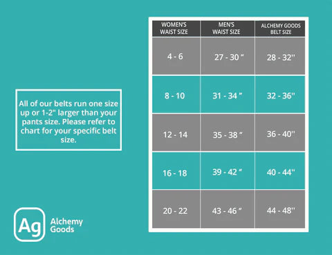 ZEITBIKE Alchemy Goods Ballard Belt sizing chart showing various belt lengths and measurements for the stylish leather belt.