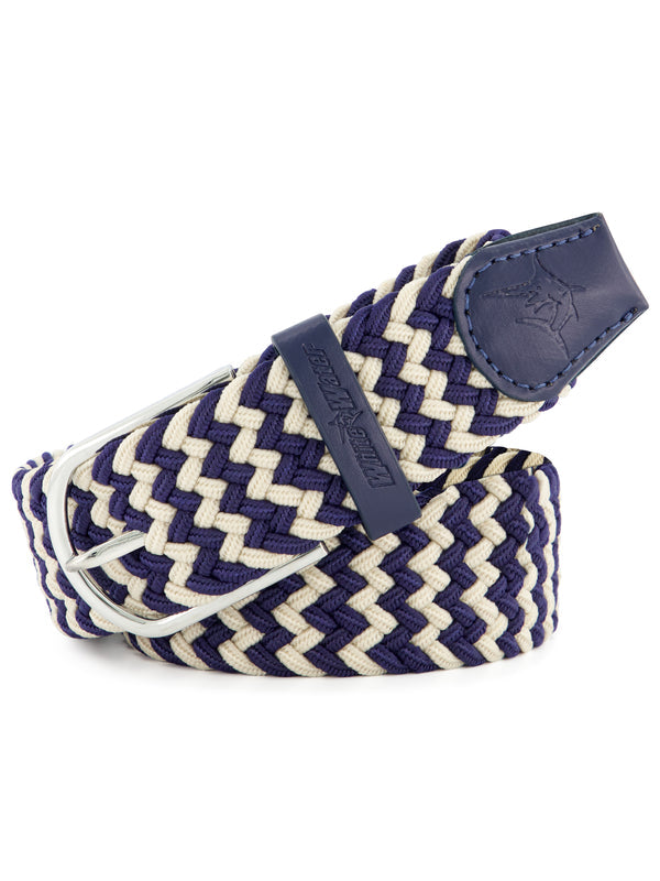 Navy and white braided belt by White Water Life, showcasing an intricate weave and durable design.