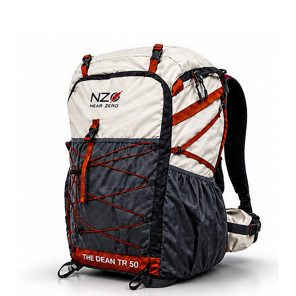 Near Zero Outdoor Gear Dean TR 50 overnight hiking backpack with multiple compartments and padded shoulder straps.