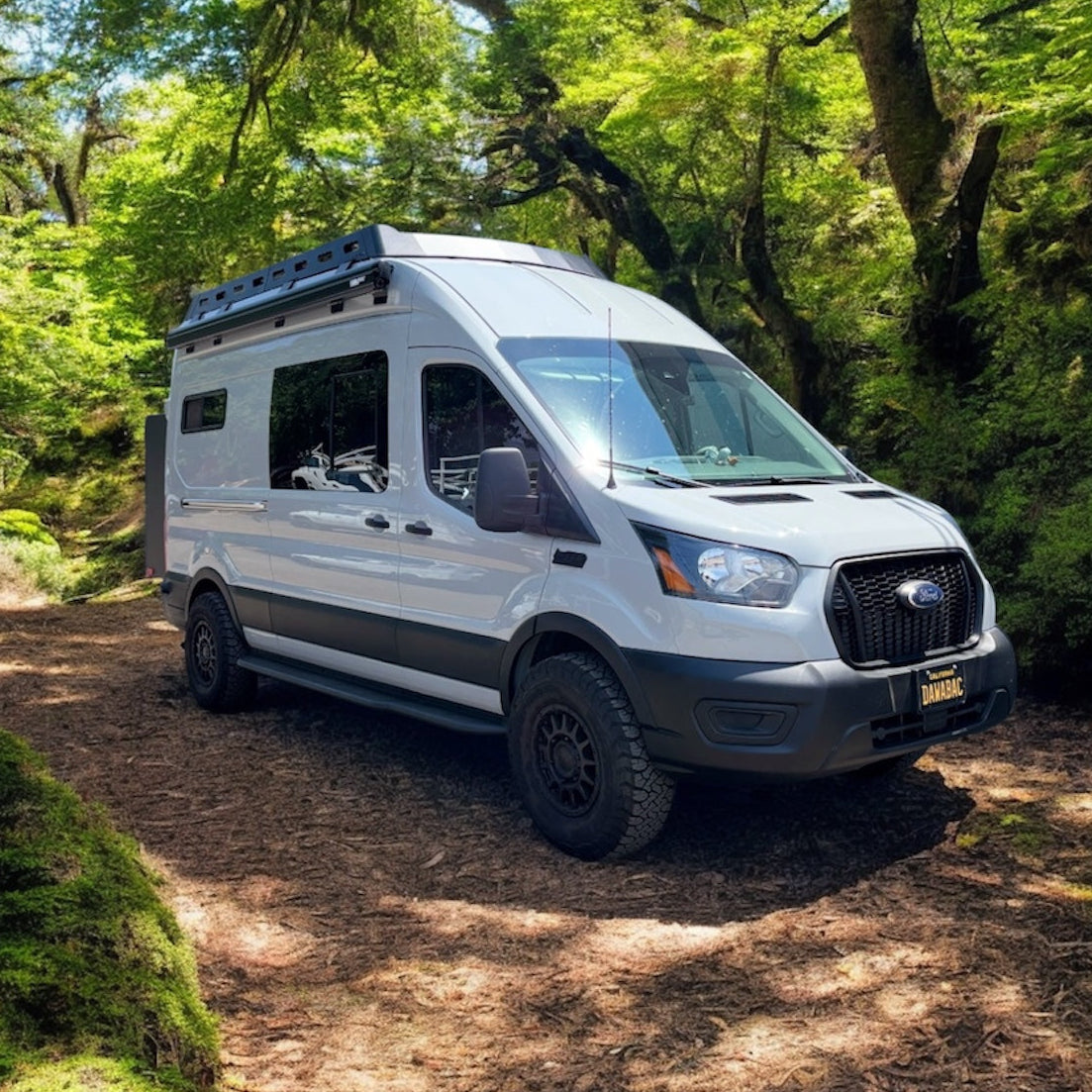 Avatar Offroad Ford Transit side steps, Rockbody style, mounted on van sides for easy access and enhanced vehicle appearance.