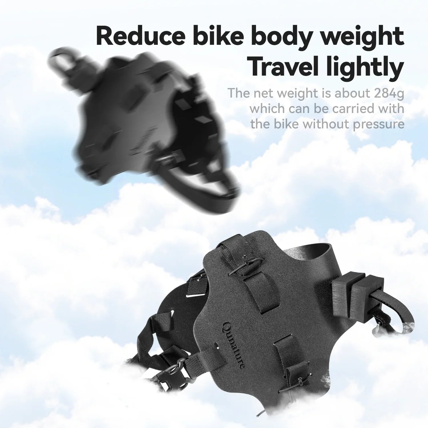 Qunature Global bikepacking rear rack with waterproof compression bag mounted on a bicycle for outdoor adventures.