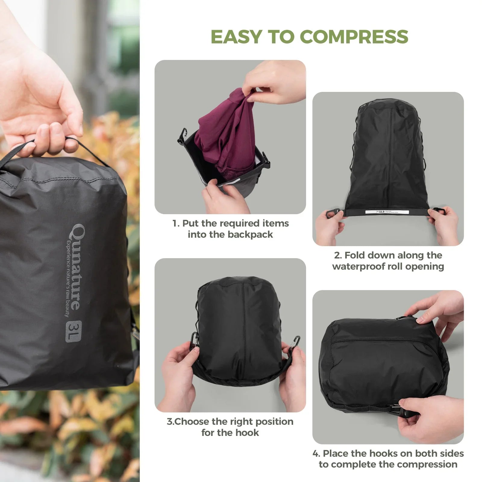 Qunature Global bikepacking rear rack with a waterproof compression bag, ideal for outdoor adventures and cycling trips.
