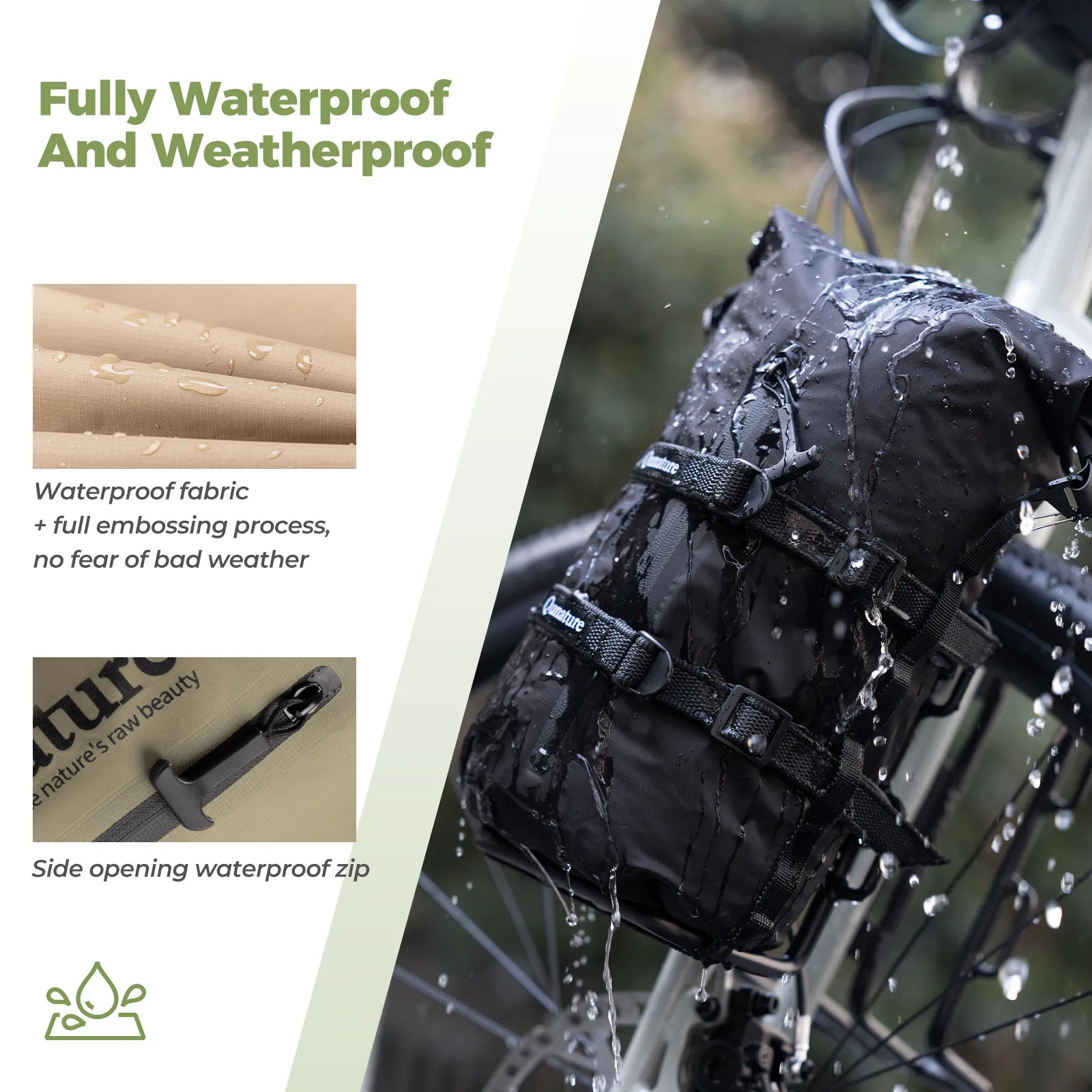 Qunature Global bikepacking rear rack with waterproof compression bag, showcasing durable materials and secure mounting features.